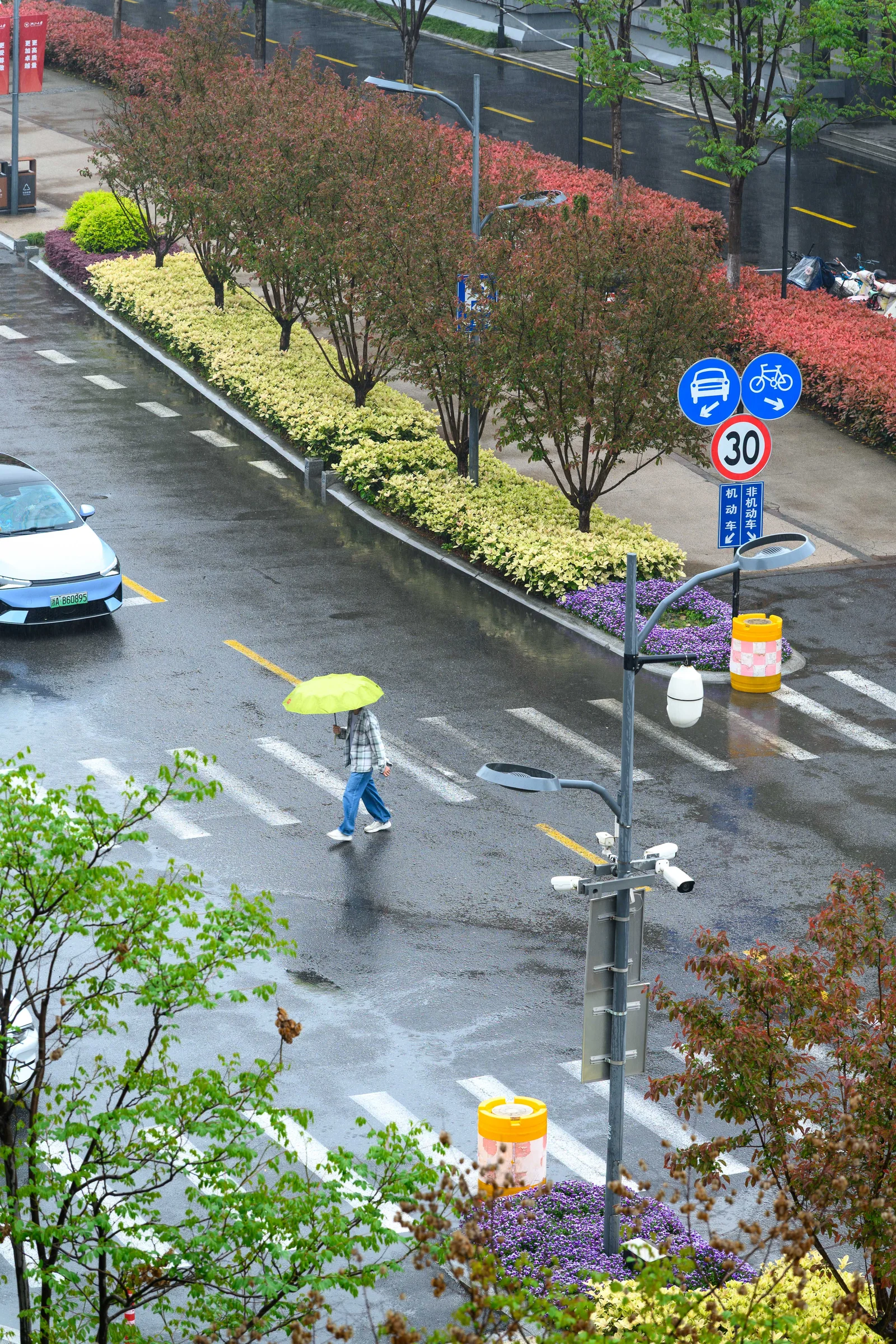四月,撑着黄绿色雨伞的行人走过湿漉漉的斑马线
